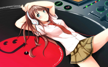 Картинка аниме headphones instrumental ok-ray девушка румянец улыбка юбка лёжа галстук наушники рубашка
