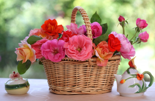 Обои картинки фото цветы, розы, посуда, розовый, корзина