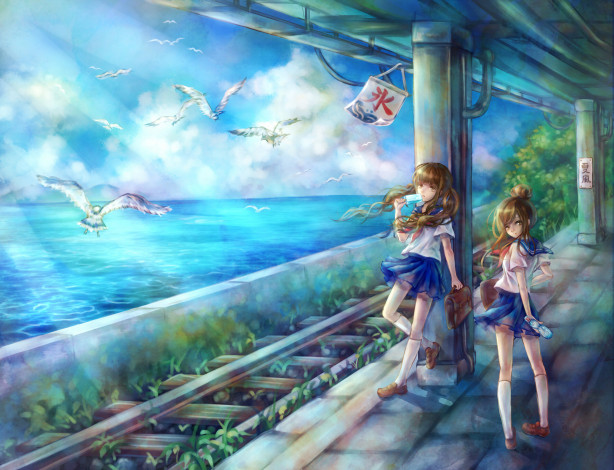 Обои картинки фото аниме, *unknown, другое, море, чайки, птицы, рельсы, мороженое, вода, небо, облака, девушки, школьная форма