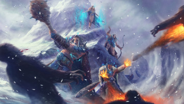 Картинка фэнтези магия зима варвары сражение горы снежный человек существо