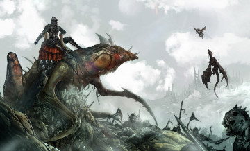 Картинка фэнтези существа дракон пегас поле битва монстры властелин