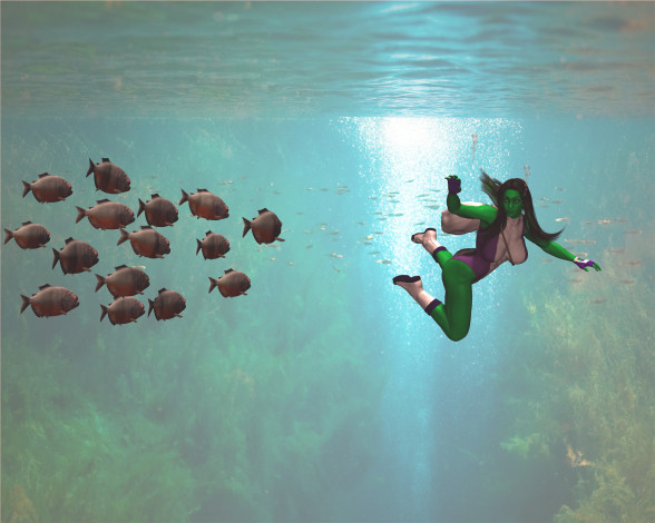 Обои картинки фото 3д графика, fantasy , фантазия, пирании, вода, девушка