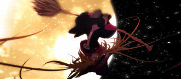 Картинка аниме магия +колдовство +halloween ведьма девушка tarbo метла шляпа кулон луна ночь