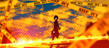 Картинка аниме оружие +техника +технологии лента лучи девушка солнце закат небо keep out сетка крыша меч tarbo