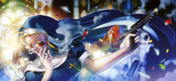 Картинка аниме black+lagoon крест окно осколки стекло сигарета дым очки девушка eda hiroe rei монахиня оружие пистолет витраж
