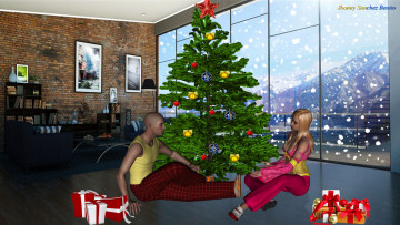 Картинка 3д+графика праздники+ holidays катрины снег окно подарки елка мужчина фон взгляд девушка