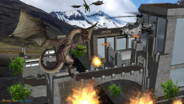 Картинка 3д+графика существа+ creatures горы полет вертолет огонь драконы