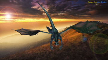 Картинка 3д+графика существа+ creatures полет дракон небо облака закат
