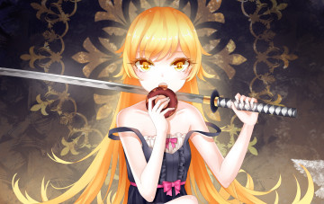 Картинка аниме bakemonogatari девушка желтые глаза узор меч пончик бантики oshino+shinobu еда катана