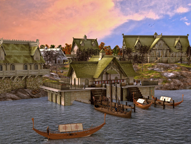 Обои картинки фото 3д графика, реализм , realism, дома, лодки, река, облака