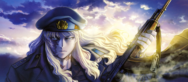 Обои картинки фото аниме, black lagoon, солдат, balalaika, девушка, hiroe, rei, герб, шапка, форма, оружие, автомат, небо, облака