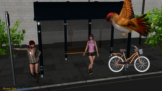 Обои картинки фото 3д графика, люди , people, птичка, велосипед, взгляд, фон, девушки