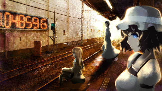 Обои картинки фото аниме, steins, gate, shiina, mayuri, парень, девушки, метро, часы, makise, kurisu, okabe, rintarou