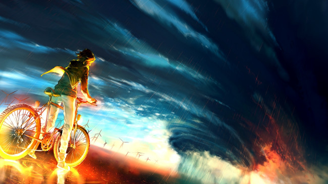 Обои картинки фото аниме, unknown,  другое, into, the, storm, by, yuume, парень, велосипед, шторм