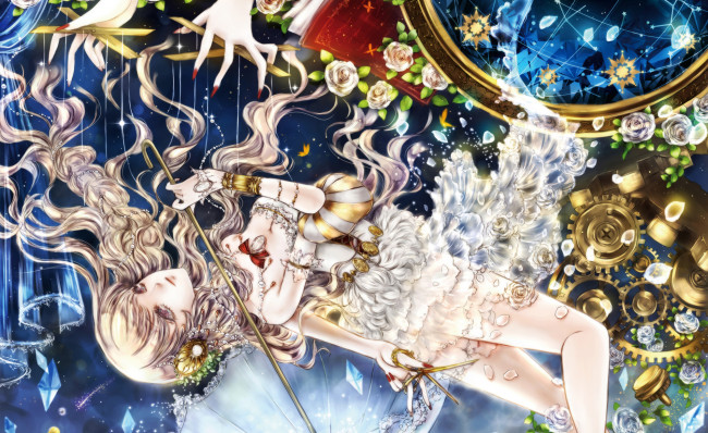 Обои картинки фото аниме, unknown,  другое, кристаллы, розы, руки, марионетка, ножницы, зонт, девушка