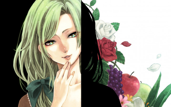Обои картинки фото аниме, unknown,  другое, зеленые, волосы, фрукты, девушка, цветы