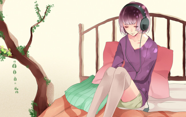 Обои картинки фото аниме, музыка, девушка, кровать, дерево, подушки, наушники