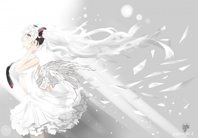 Обои картинки фото аниме, vocaloid, hatsune, miku, крылья, девушка, арт, белое, платье