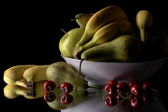 Картинка еда натюрморт груши черешня бананы яблоки фрукты