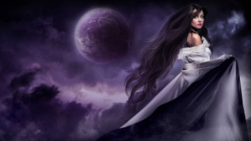 Картинка фэнтези девушки колдунья ведьма ночь луна плащ