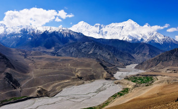 Картинка кагбени +верхний+мустанг +непал природа горы небо облака русло река