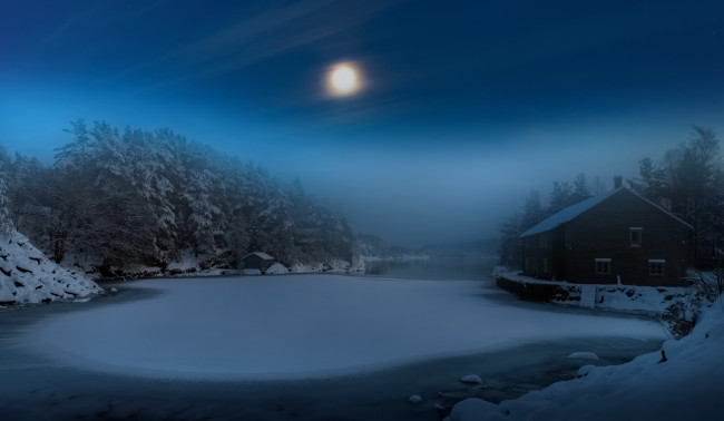 Обои картинки фото природа, зима, дома, озеро, ночь