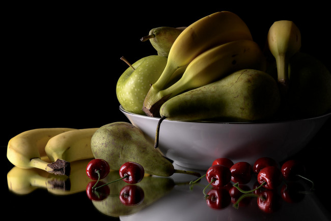 Обои картинки фото еда, натюрморт, груши, черешня, бананы, яблоки, фрукты