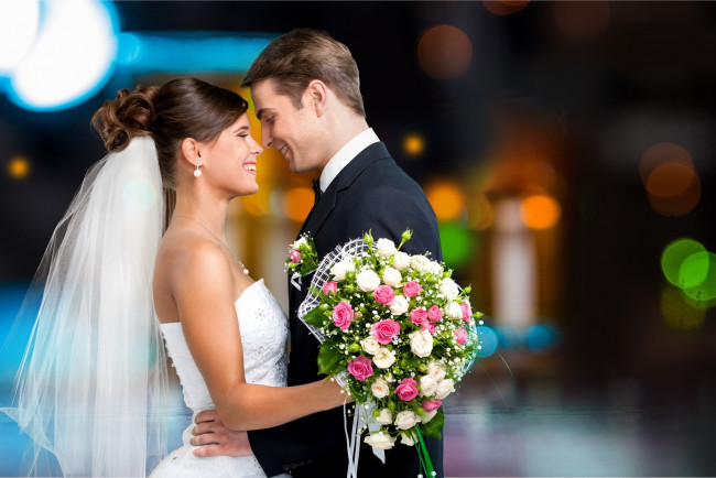 Обои картинки фото разное, мужчина женщина, свадьба, цветы, фата, счастливая, пара