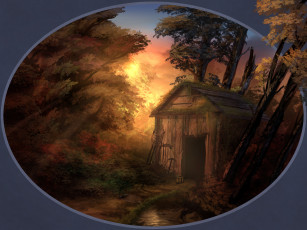 Картинка рисованное природа дом фон лес