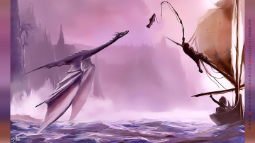 Картинка календари фэнтези дракон лодка рыба водоем