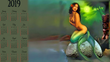обоя календари, фэнтези, русалка, камень, водоем
