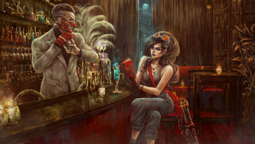 Картинка рисованное комиксы оружие бар маска фон мужчина девушка