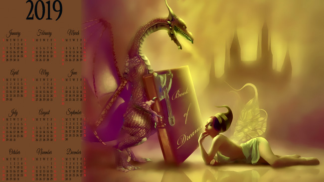 Обои картинки фото календари, фэнтези, дракон, девушка, книга