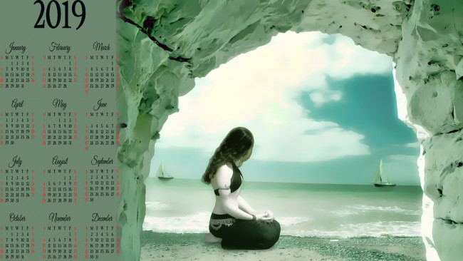 Обои картинки фото календари, фэнтези, лодка, девушка, водоем, пещера