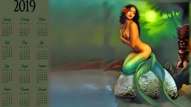 Обои картинки фото календари, фэнтези, русалка, камень, водоем