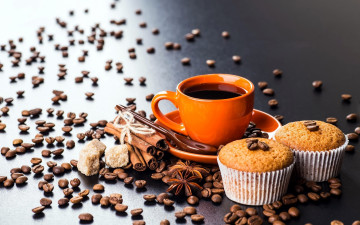 Картинка еда кофе +кофейные+зёрна корица сахар зерна кексы