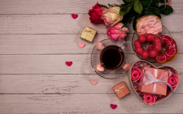 обоя праздничные, день святого валентина,  сердечки,  любовь, сердечки, подарки, розы, кофе