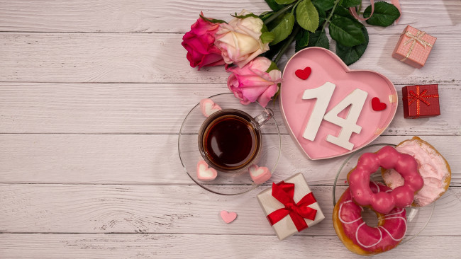 Обои картинки фото праздничные, день святого валентина,  сердечки,  любовь, розы, подарки, цифра, пряники, кофе