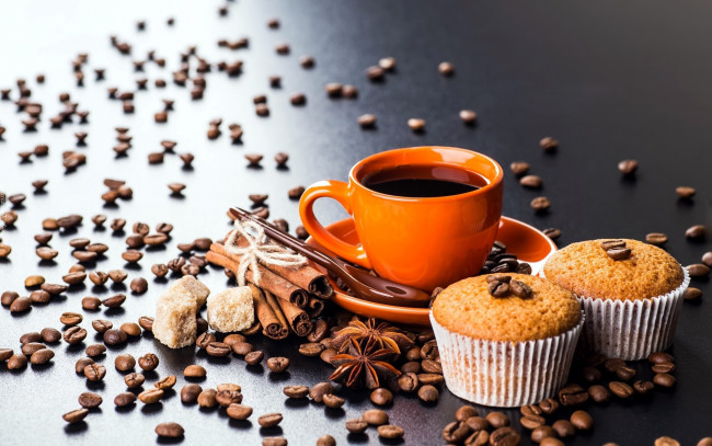 Обои картинки фото еда, кофе,  кофейные зёрна, корица, сахар, зерна, кексы