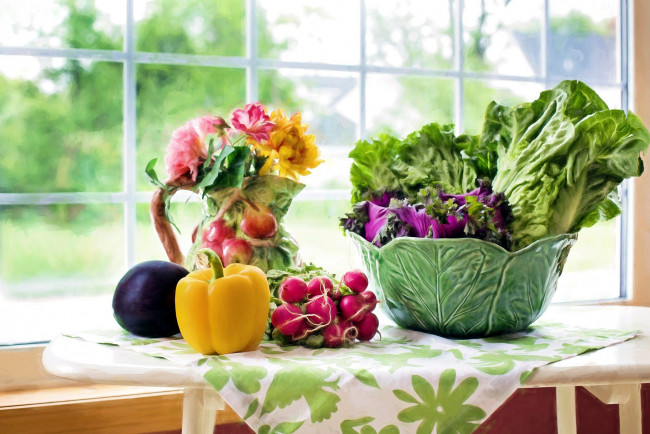 Обои картинки фото еда, овощи, перец, редис, салат