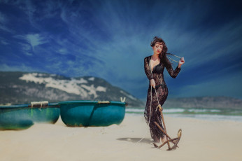 Картинка девушки -+брюнетки +шатенки горы лодки пляж брюнетка якорь