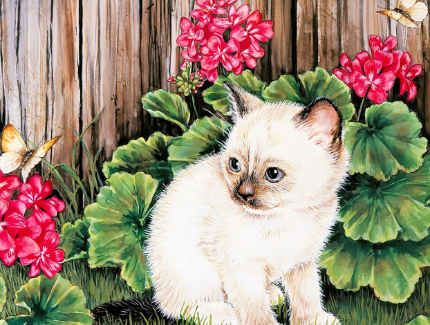 Обои картинки фото jane maday, рисованное, животные,  коты, котенок, цветы, герань, бабочка, забор