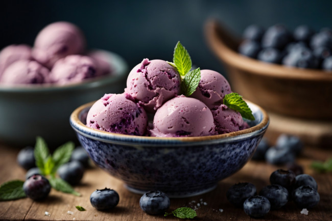 Обои картинки фото еда, мороженое,  десерты, мята, ягоды, черника