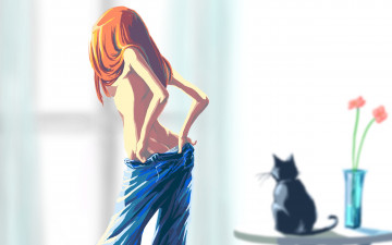Картинка girl рисованные другое artwork рыжая цветы кот девушка