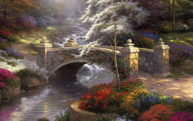 Обои картинки фото bridge, of, hope, рисованные, thomas, kinkade, мостик, nature, живопись, томас, кинкейд, painting, речка, природа