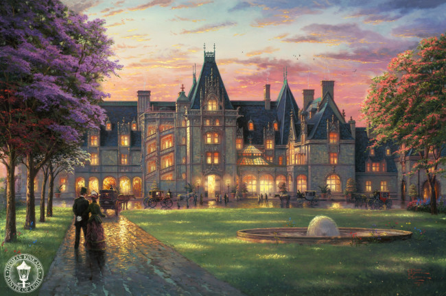 Обои картинки фото elegant, evening, at, biltmore, рисованные, thomas, kinkade, painting, дворец, north, carolina, retro, томас, кинкейд, замок, особняк