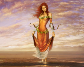 Картинка фэнтези девушки облака небо волосы рыжая море вода ноги платье улыбка лицо