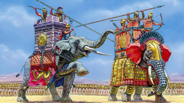 обоя рисованные, животные, слоны, боевые
