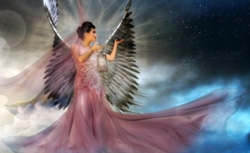 обоя фэнтези, ангелы, перья, макияж, профиль, туман, небо, звезды, фонарь, свет, руки, прическа, крылья, ангел, лицо, платье