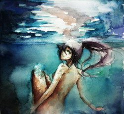 Картинка аниме bleach блич фан арт ёруичи девушка рисованная акварель голая в воде волосы взгляд